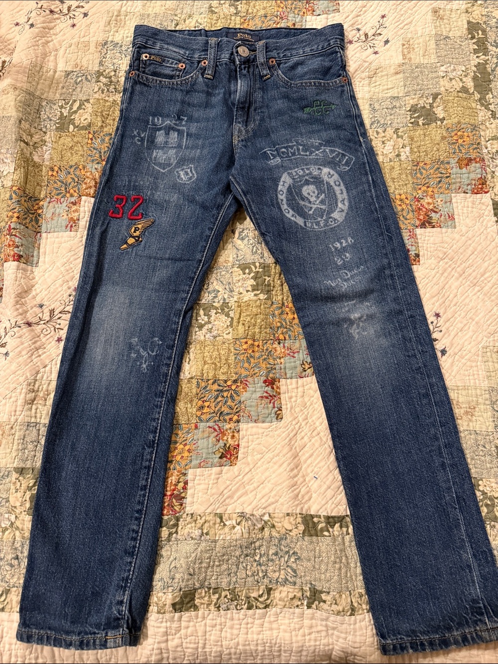 Polo by Ralph Lauren Slim Straight Blue Jeans with Embroidered Accents